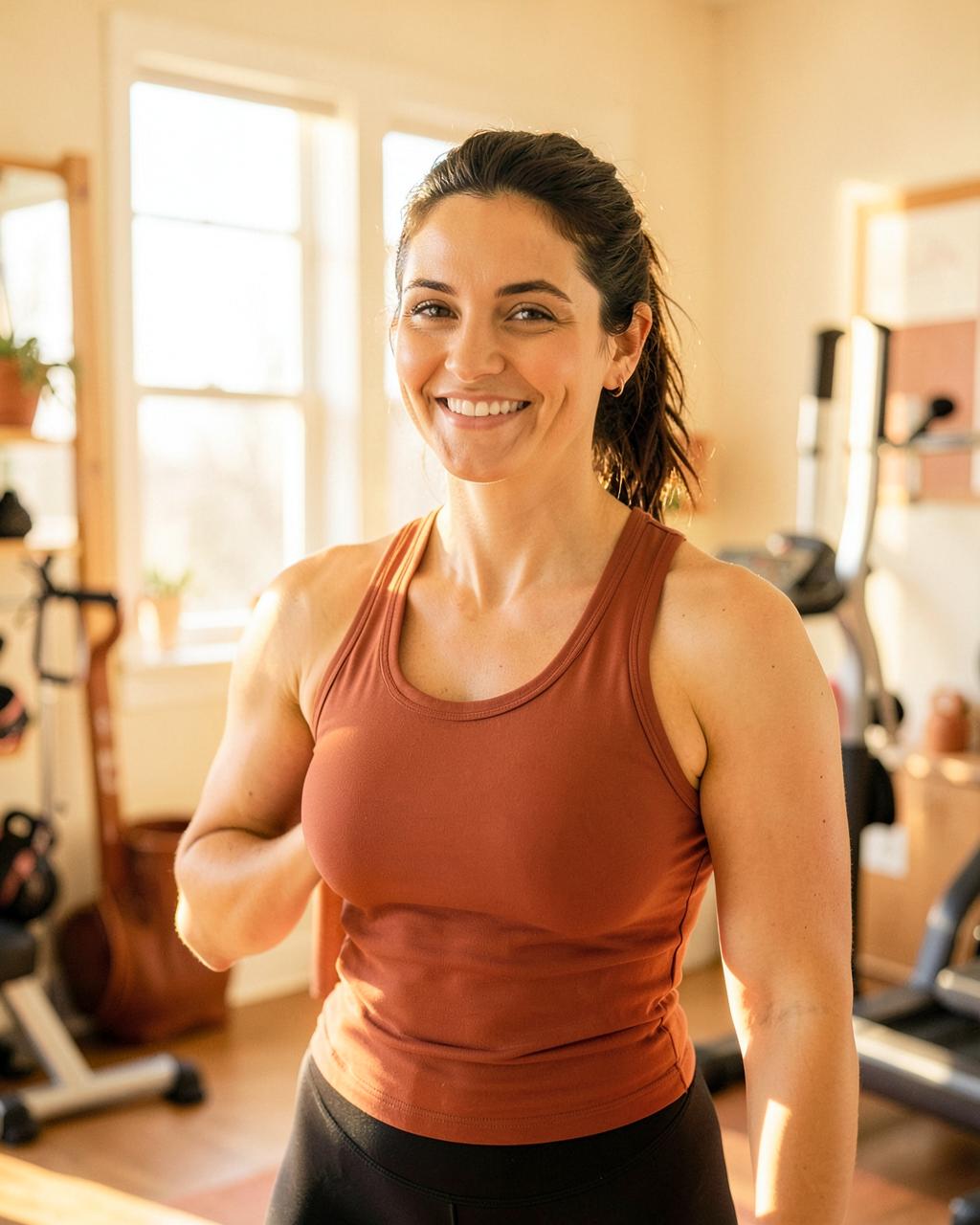 Sarah Lane, fitness and nutrition coach, smiling in her home gym