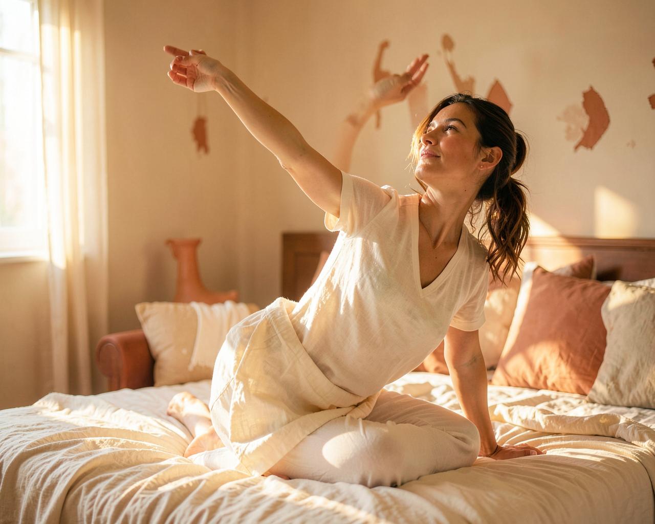 Sarah stretching in warm morning light